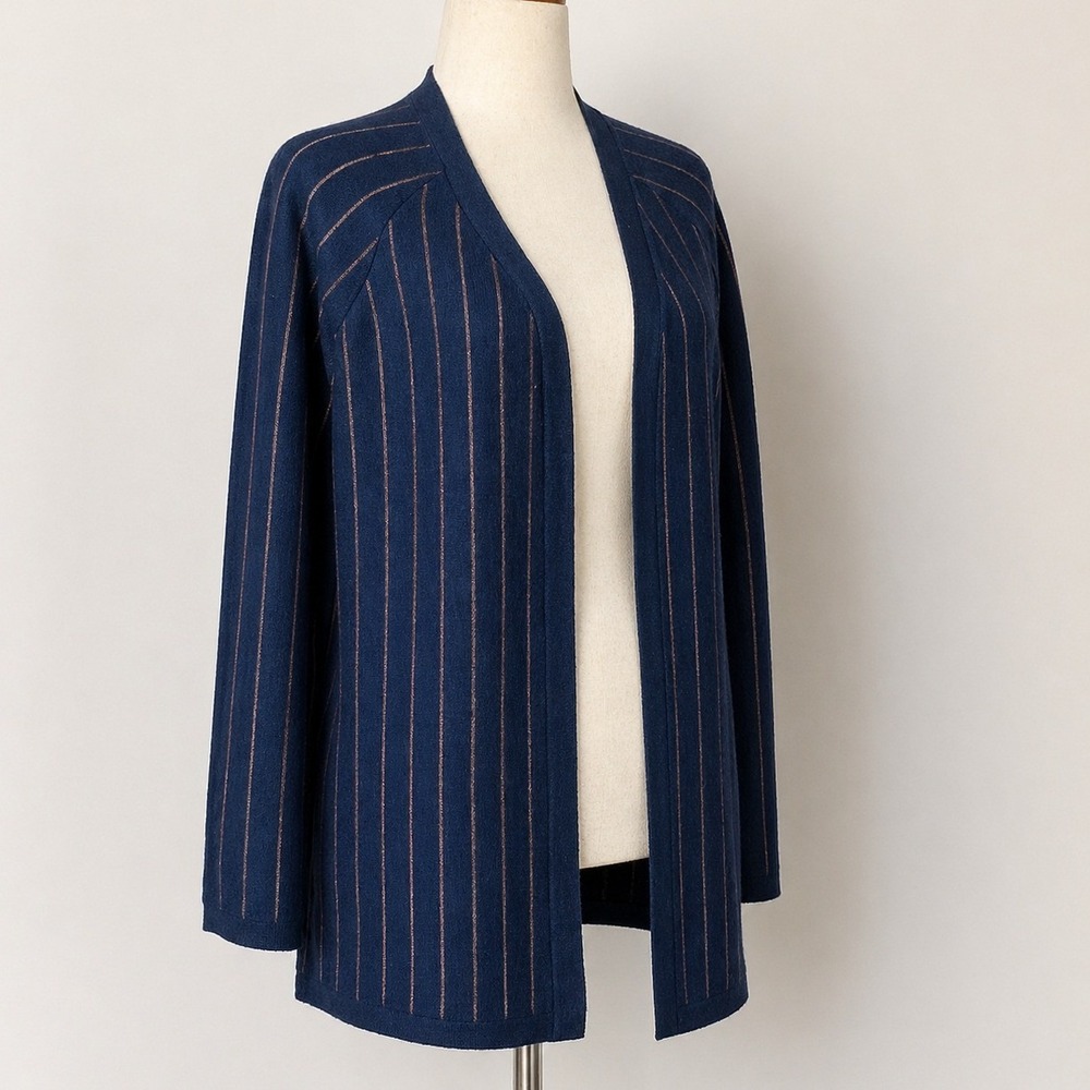 FRNCH Paris Navy Gold Shimmer Stripe Open Front Cardi Sweater SZ Medium Preppy - Picture 3 of 10